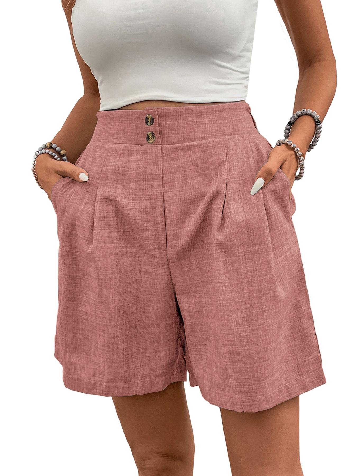 Women High-Waisted Wide-Leg Tencel linen  Shorts Pleated Casual Summer Shorts