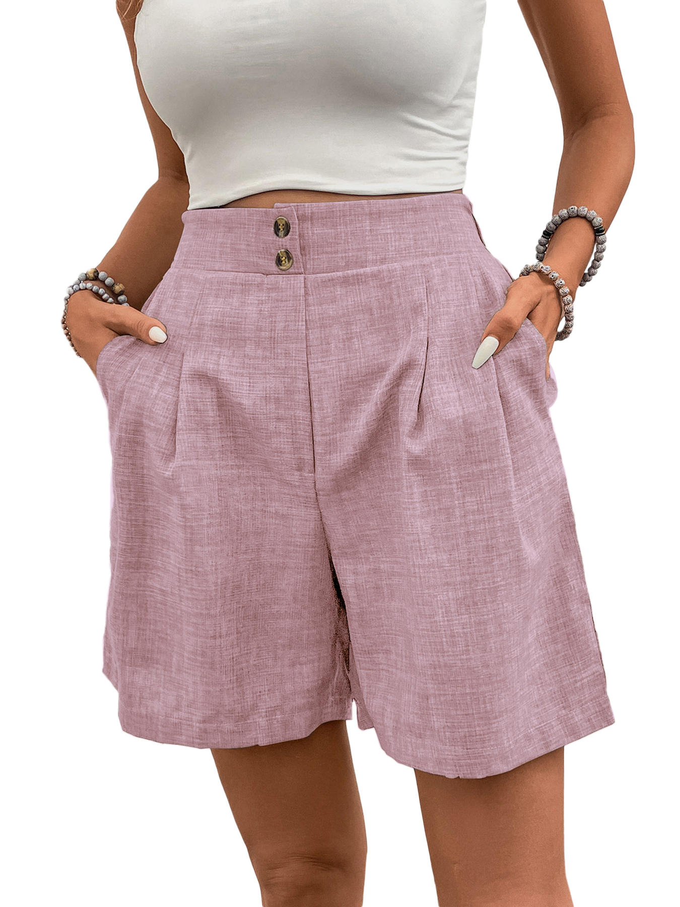Women High-Waisted Wide-Leg Tencel linen  Shorts Pleated Casual Summer Shorts