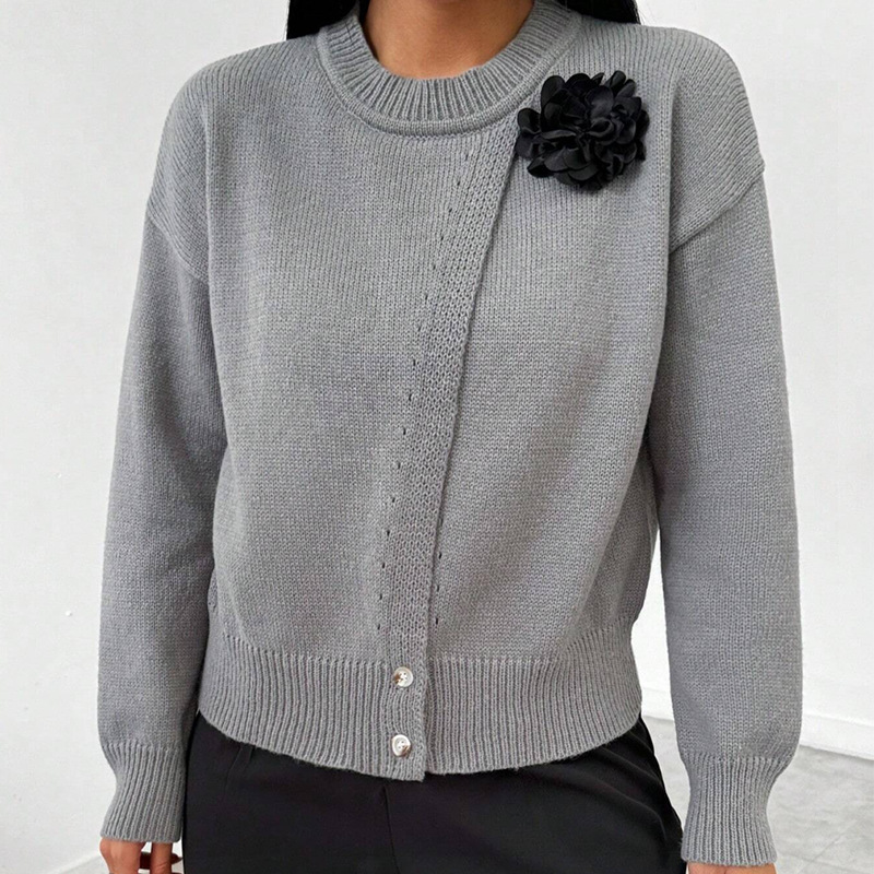 Women's elegant solid color button-up black floral knit pullover sweater
