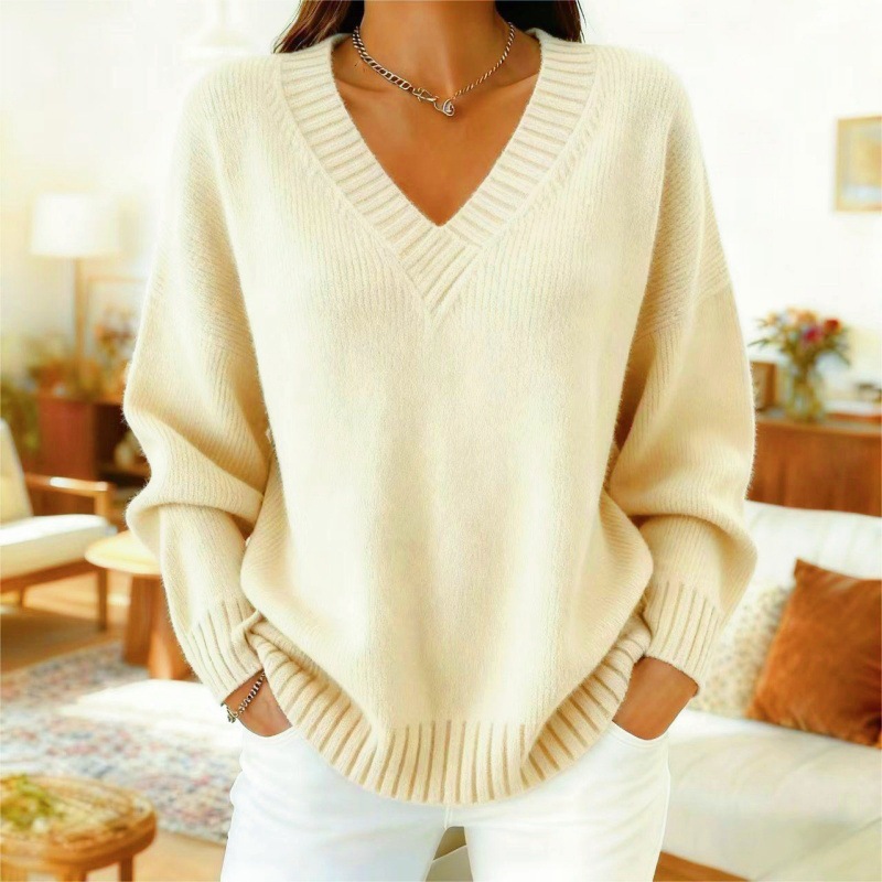 Women's loose-fitting V-neck solid color knitted sweater