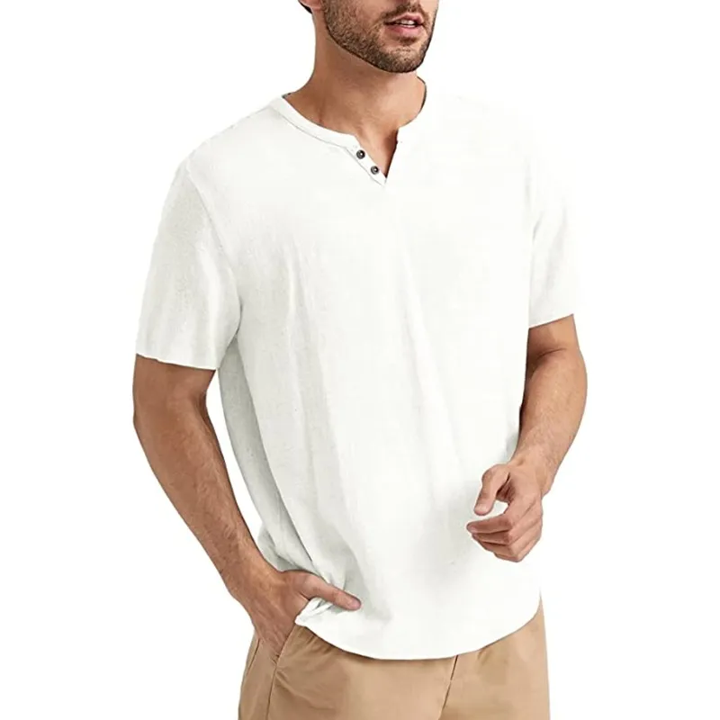 Men's summer short-sleeved casual solid color cotton and linen T-shirt tops