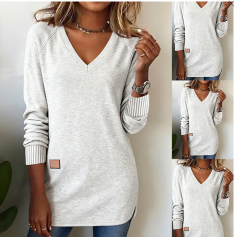 Women's Long-Sleeve V-Neck Solid-Color Knit Hoodie