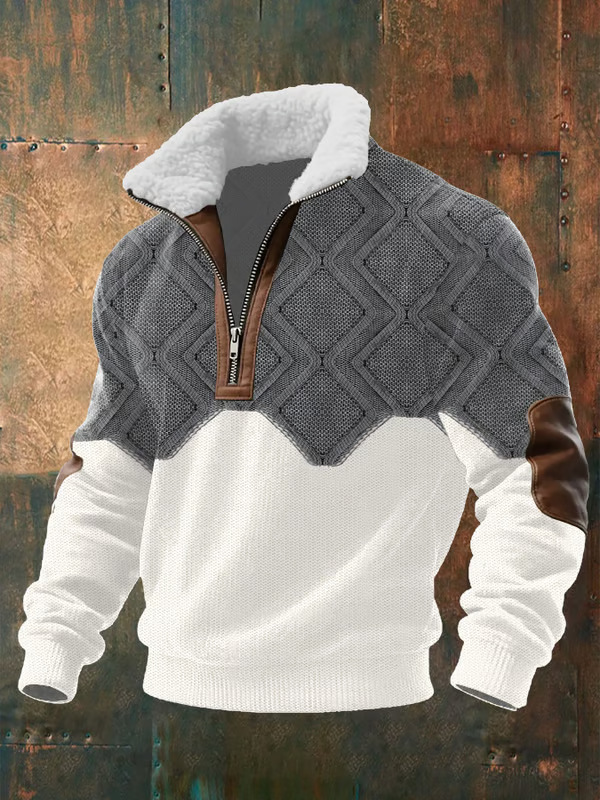 Men's vintage cashmere zip-up stand-collar casual sweatshirt
