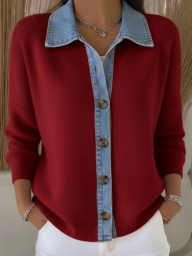 Women's solid color patterned loose casual collared long-sleeved shirt