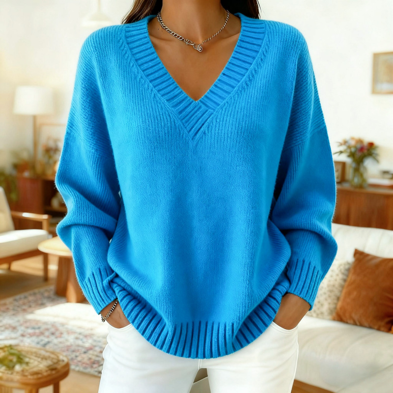Women's loose-fitting V-neck solid color knitted sweater