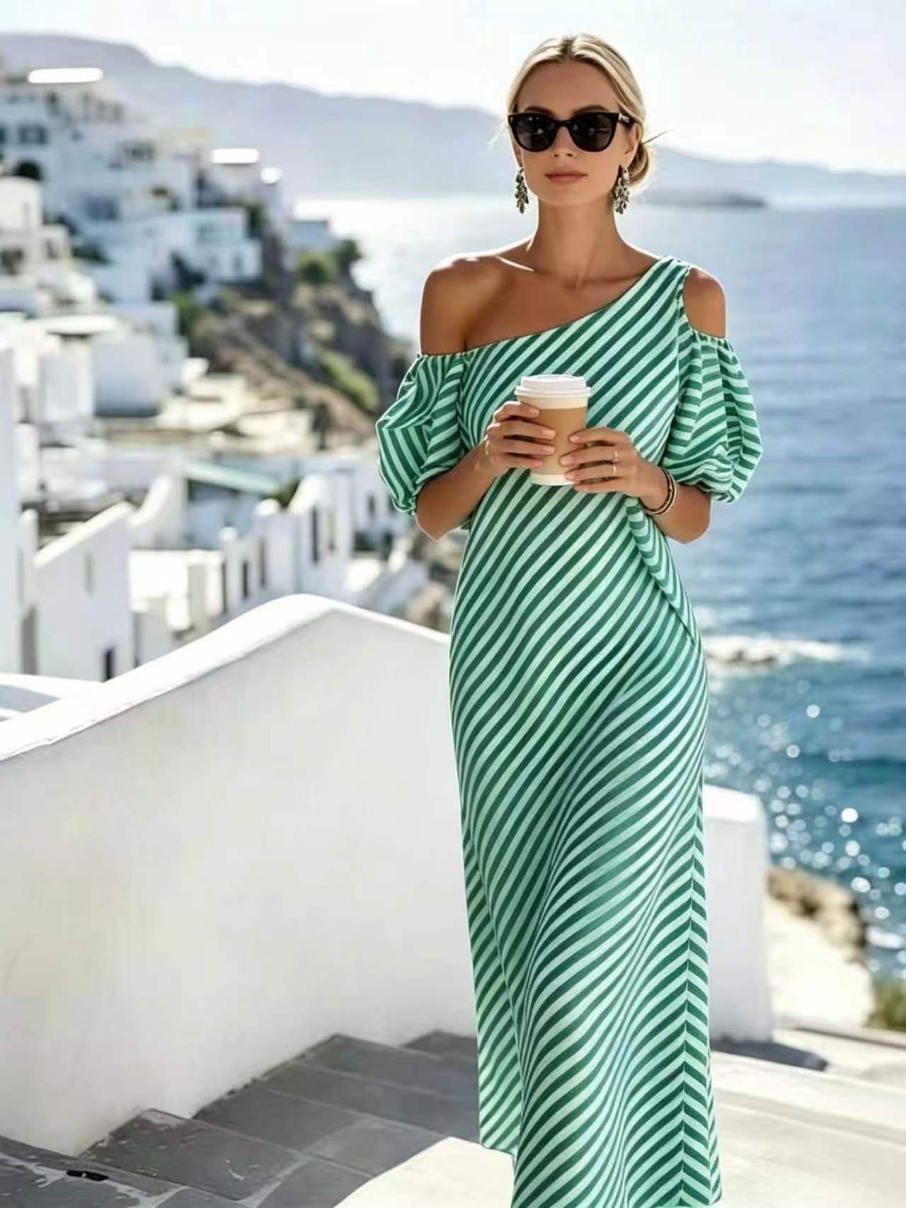 Women's Elegant Striped Off-Shoulder Dress