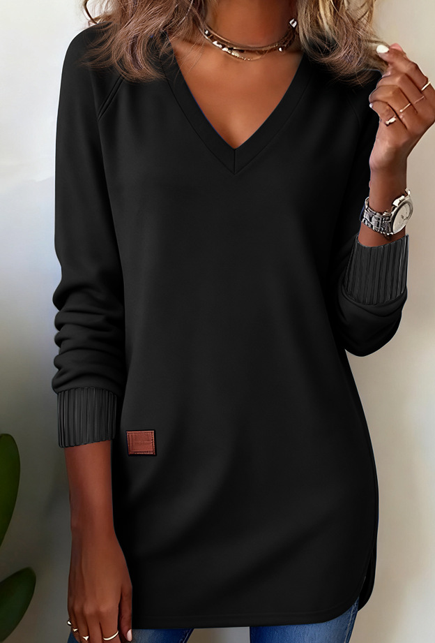 Women's Long-Sleeve V-Neck Solid-Color Knit Hoodie