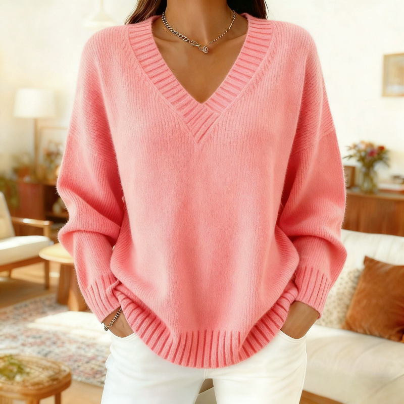 Women's loose-fitting V-neck solid color knitted sweater