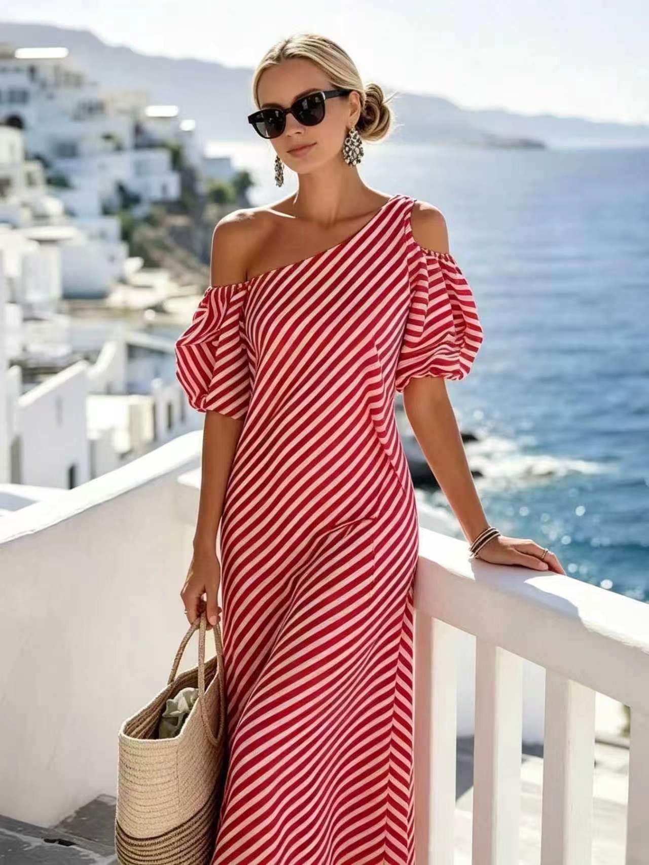 Women's Elegant Striped Off-Shoulder Dress