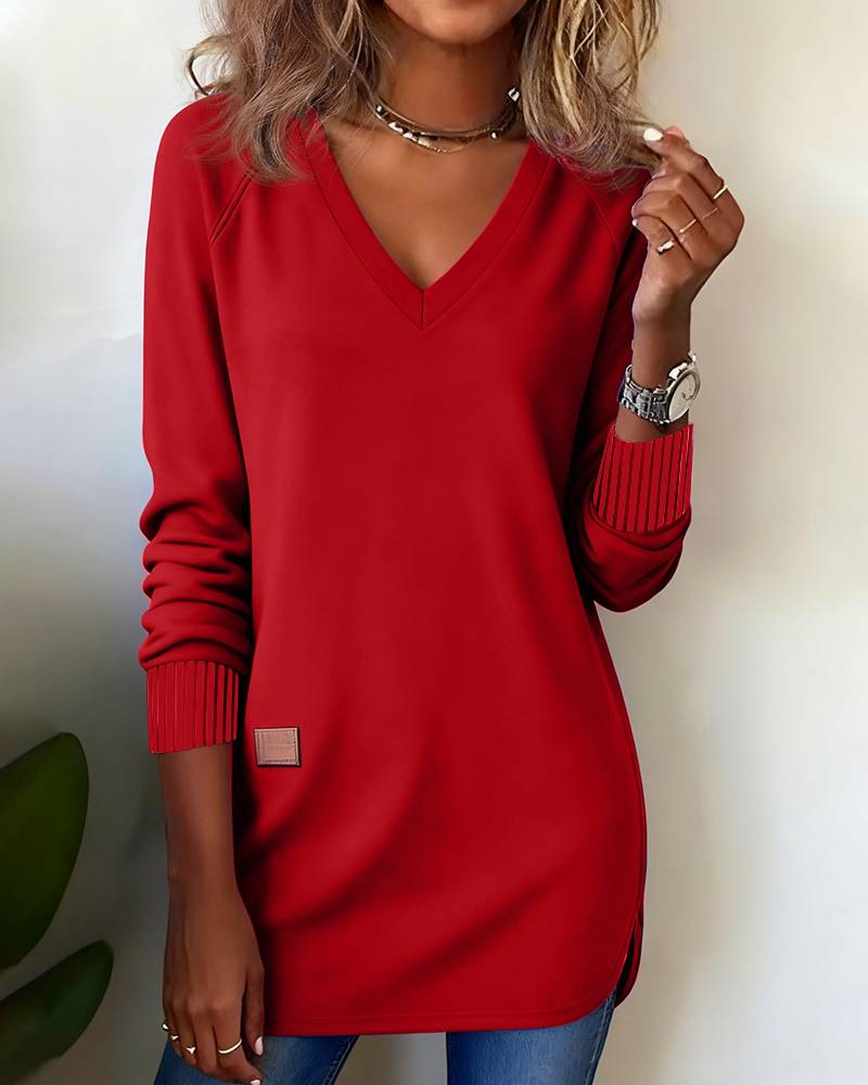 Women's Long-Sleeve V-Neck Solid-Color Knit Hoodie