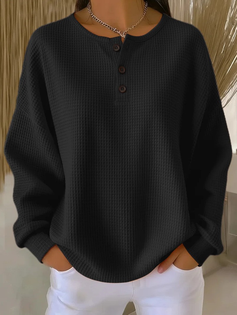 Women's new style fashionable round neck waffle knit solid color loose pullover top