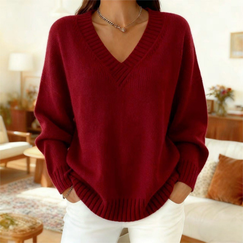 Women's loose-fitting V-neck solid color knitted sweater