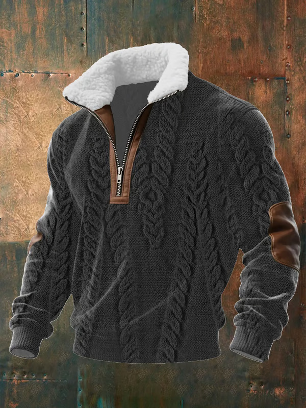 Men's vintage cashmere zip-up stand-collar casual sweatshirt