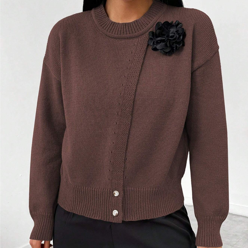 Women's elegant solid color button-up black floral knit pullover sweater