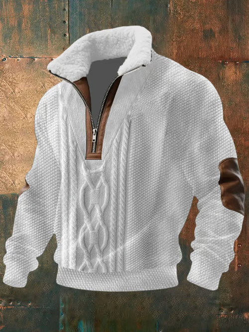 Men's vintage cashmere zip-up stand-collar casual sweatshirt