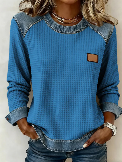 🎄🔥Women's casual round-neck denim patchwork pullover sweatshirt