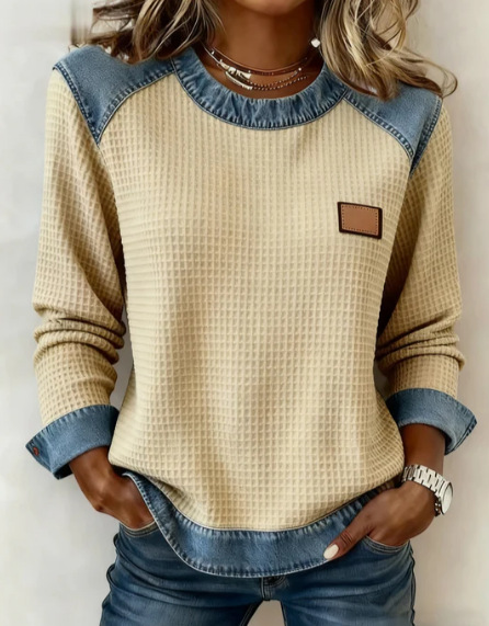 🎄🔥Women's casual round-neck denim patchwork pullover sweatshirt