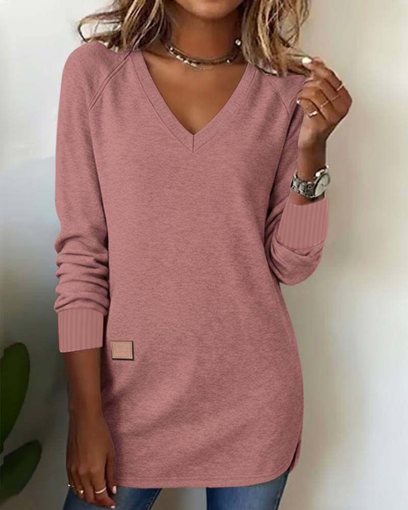 Women's Long-Sleeve V-Neck Solid-Color Knit Hoodie