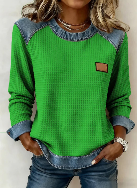 🎄🔥Women's casual round-neck denim patchwork pullover sweatshirt