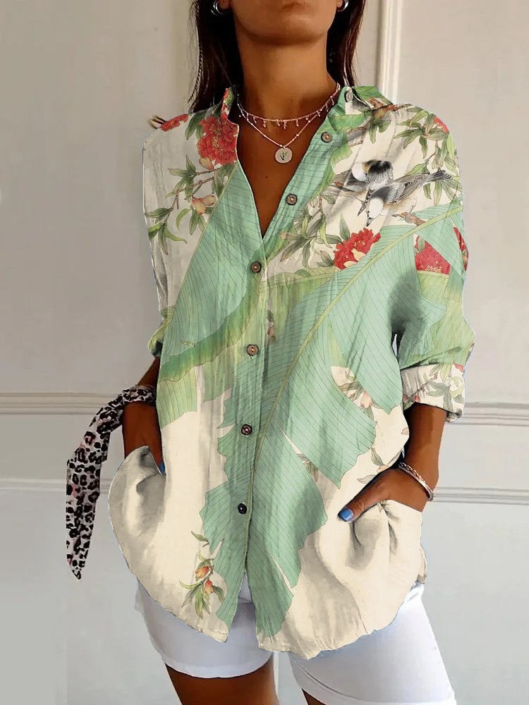 Women's Embroidered Floral Pattern Linen Blend Street Shirt