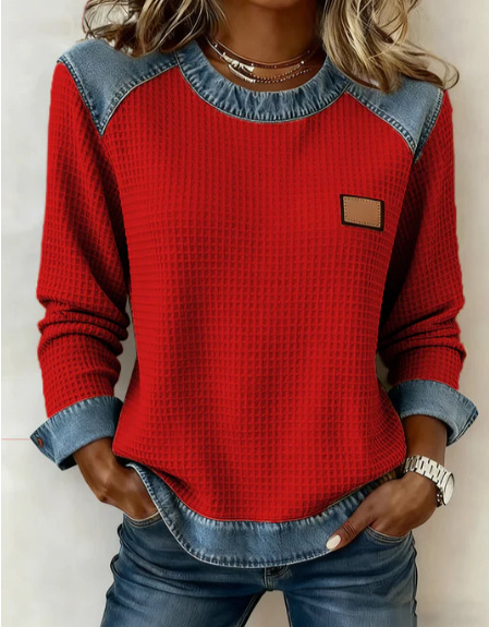 🎄🔥Women's casual round-neck denim patchwork pullover sweatshirt