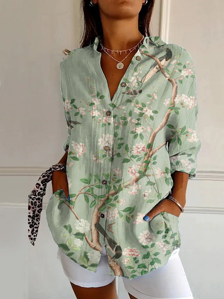 Women's Embroidered Floral Pattern Linen Blend Street Shirt