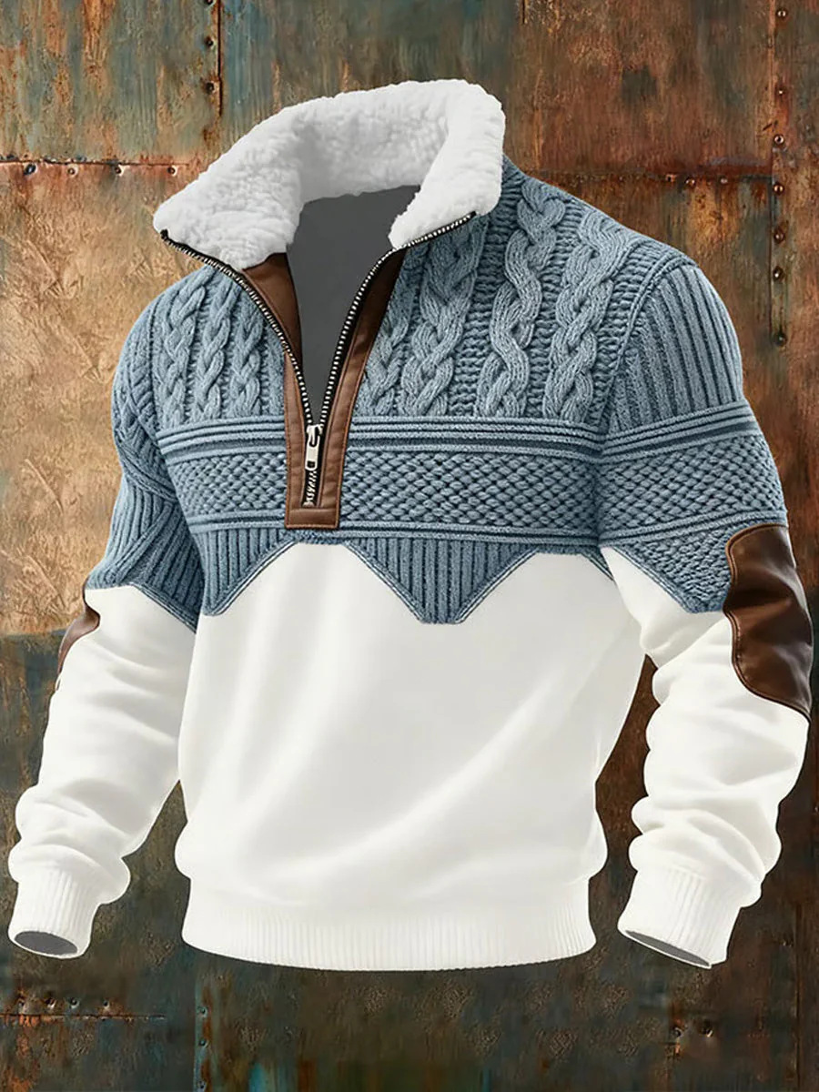 Men's vintage cashmere zip-up stand-collar casual sweatshirt