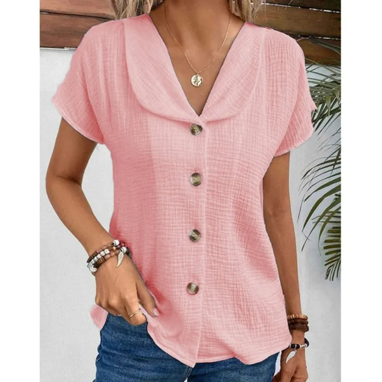Summer new solid color short-sleeved cardigan button women's tops thin style