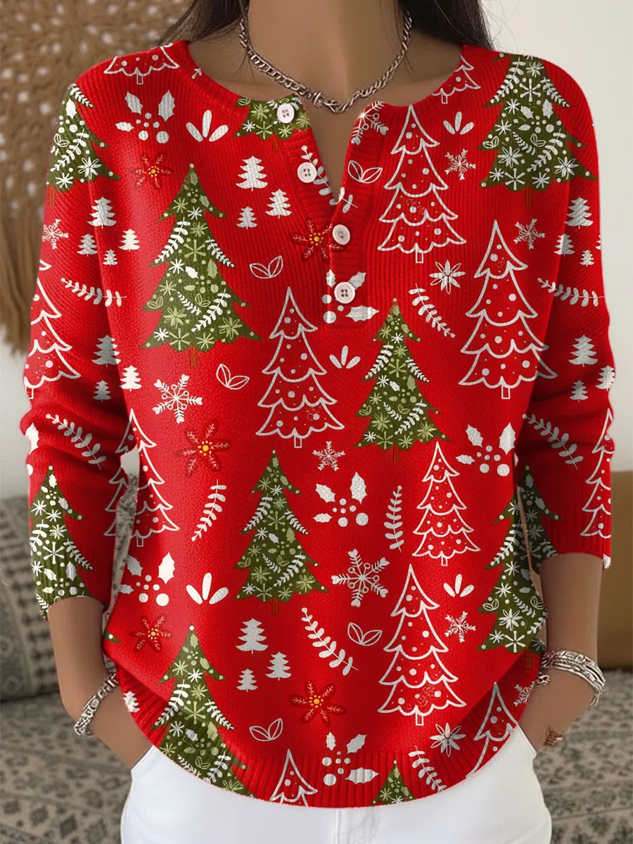 Women's Christmas Tree Pattern Art Print Buttoned Cardigan Sweater