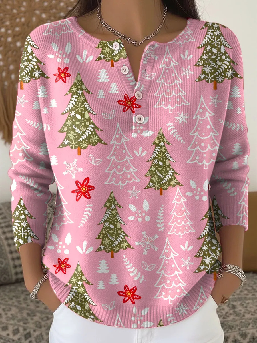 Women's Christmas Tree Pattern Art Print Buttoned Cardigan Sweater