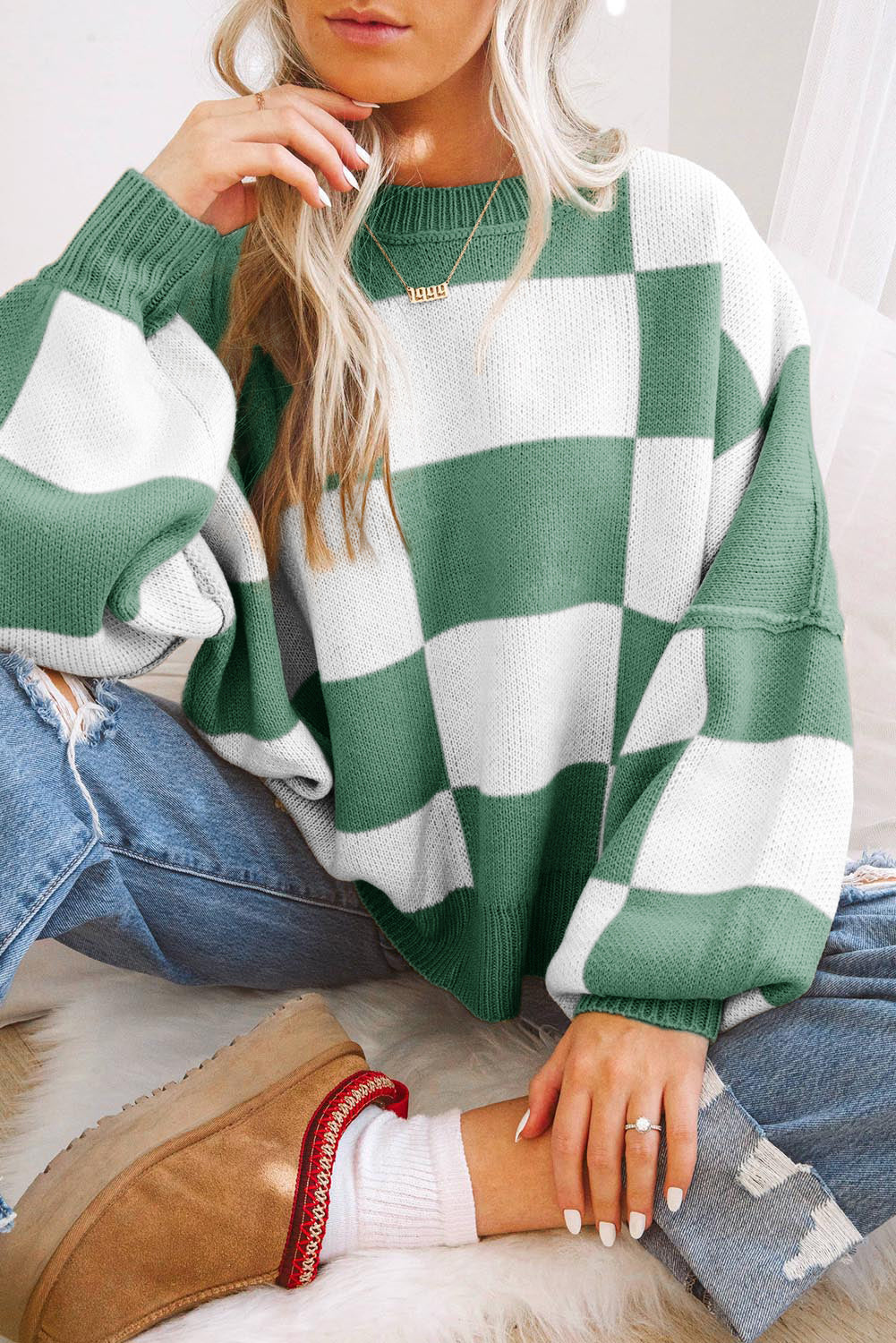 Oversized Checkered Knit Sweater | Retro Slouchy Pullover