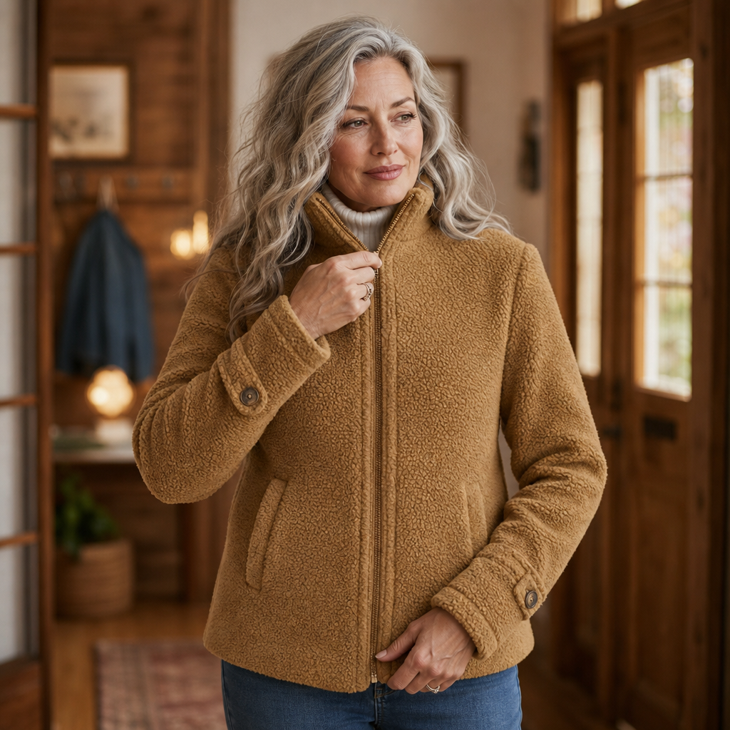 Kosmooy– Plush Fleece-Look Zip-Up Jacket With Stand Collar
