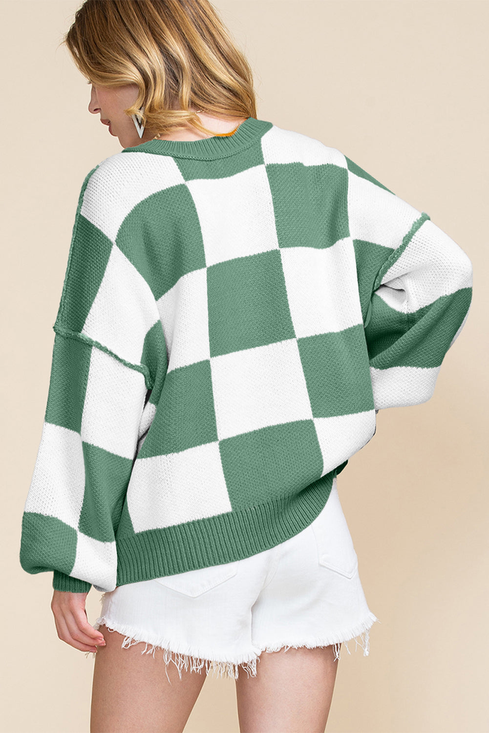 Oversized Checkered Knit Sweater | Retro Slouchy Pullover