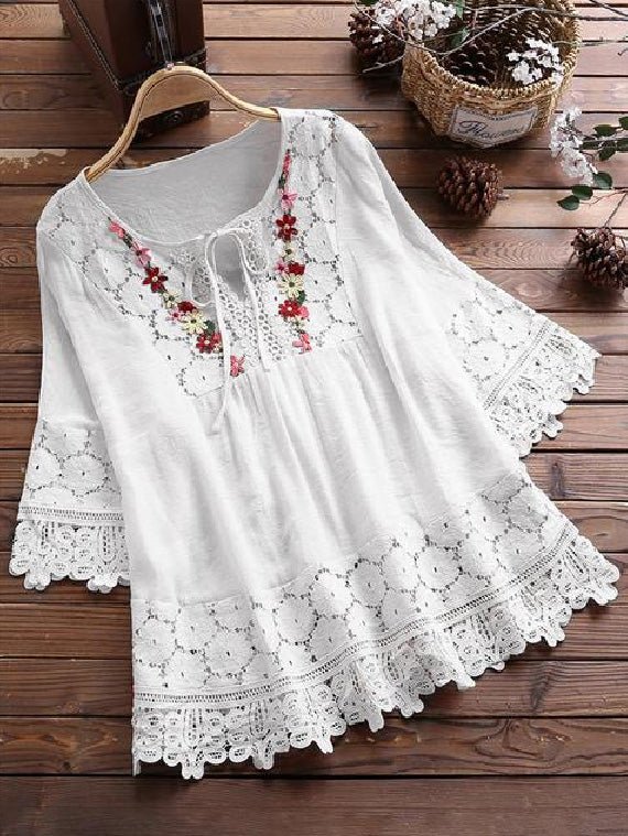 Women's Blouses Loose Belted Lace 3/4 Sleeves Blouse