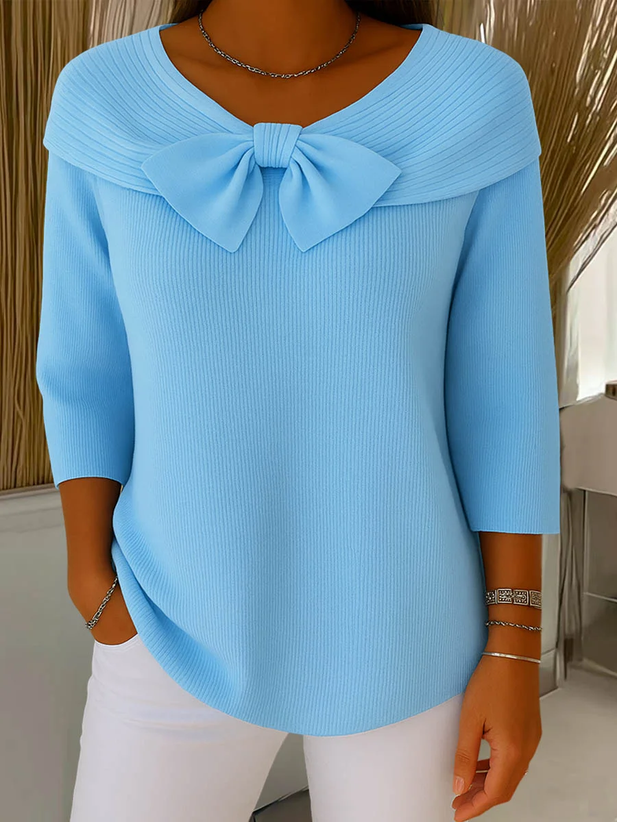 Women's Solid Color Round Neck 3/4 Sleeve Bow Casual Knit Pullover