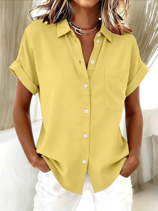 Women'S Solid Color Casual Lapel Short-Sleeved Shirt