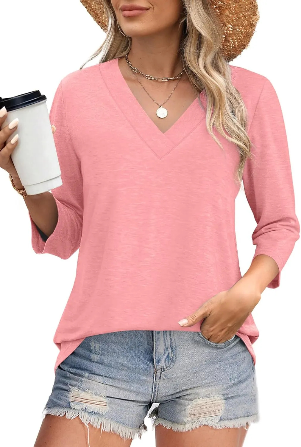 Women's V Neck 3/4 Long Sleeve Loose Fit Tops