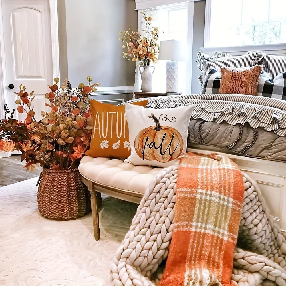 Set of 4 Pumpkin Pillow Covers for Halloween Fall Decor, Machine Washable