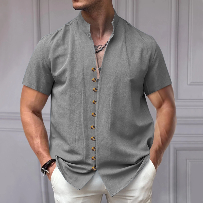 🔥Last day 70% off 🔥Men's Vintage Linen Button-Down Stand Collar Short Sleeve Shirt