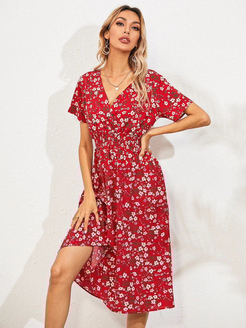 Summer V-neck floral print short-sleeved dress