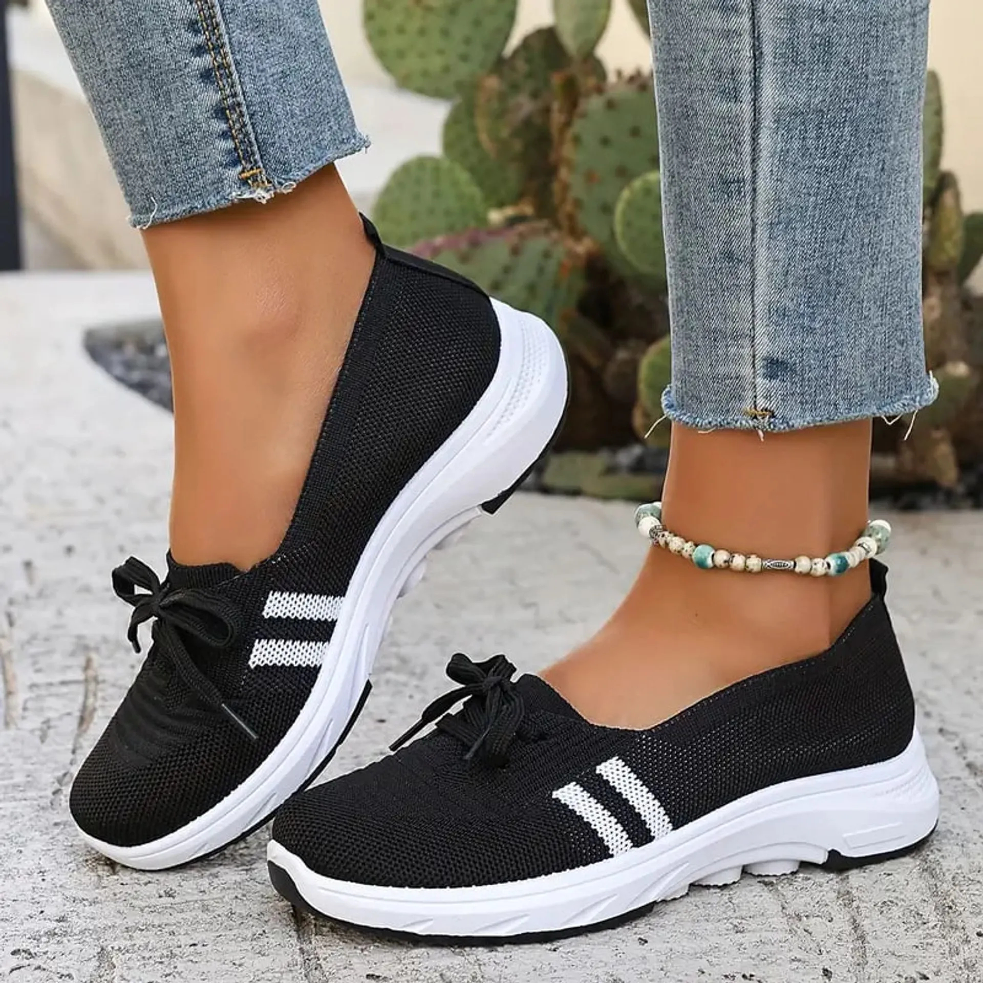 🔥SUMMER BEST SELLER🔥WOMEN’S BREATHABLE KNIT SLIP-ON SNEAKERS WITH BOW – LIGHTWEIGHT LOW-TOP CASUAL SHOES IN BEIGE & WHITE FOR EVERYDAY COMFORT