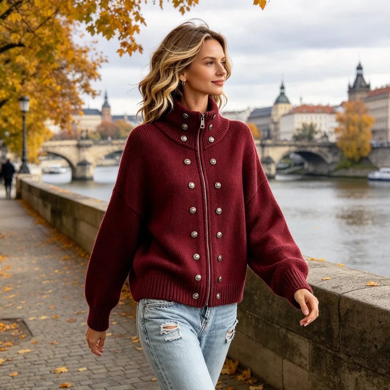 Women's Stand-Collar Double-Breasted Knitted Cardigan