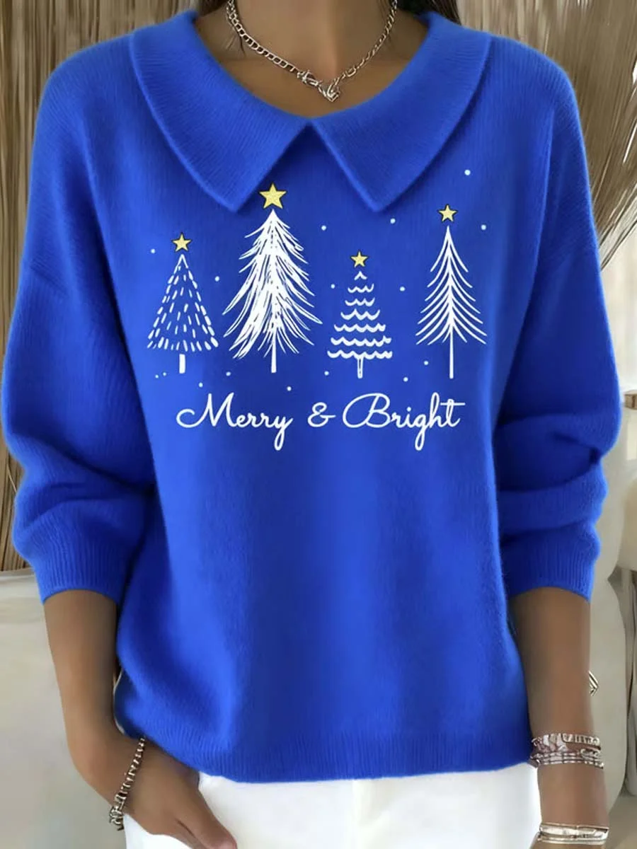 Women's Christmas Tree Pattern Art Casual Peter Pan Collar 3/4 Sleeve Sweater