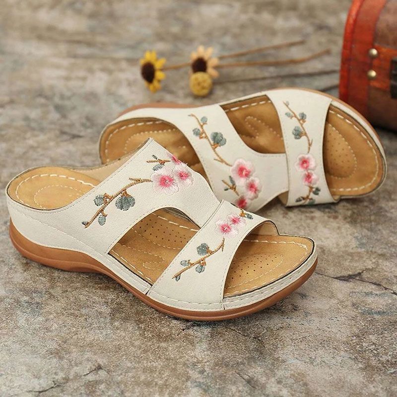 Premium Flower Embroidery Wedge Sandals