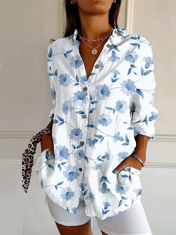 Women’s Abstract Line Cotton Linen Shirt