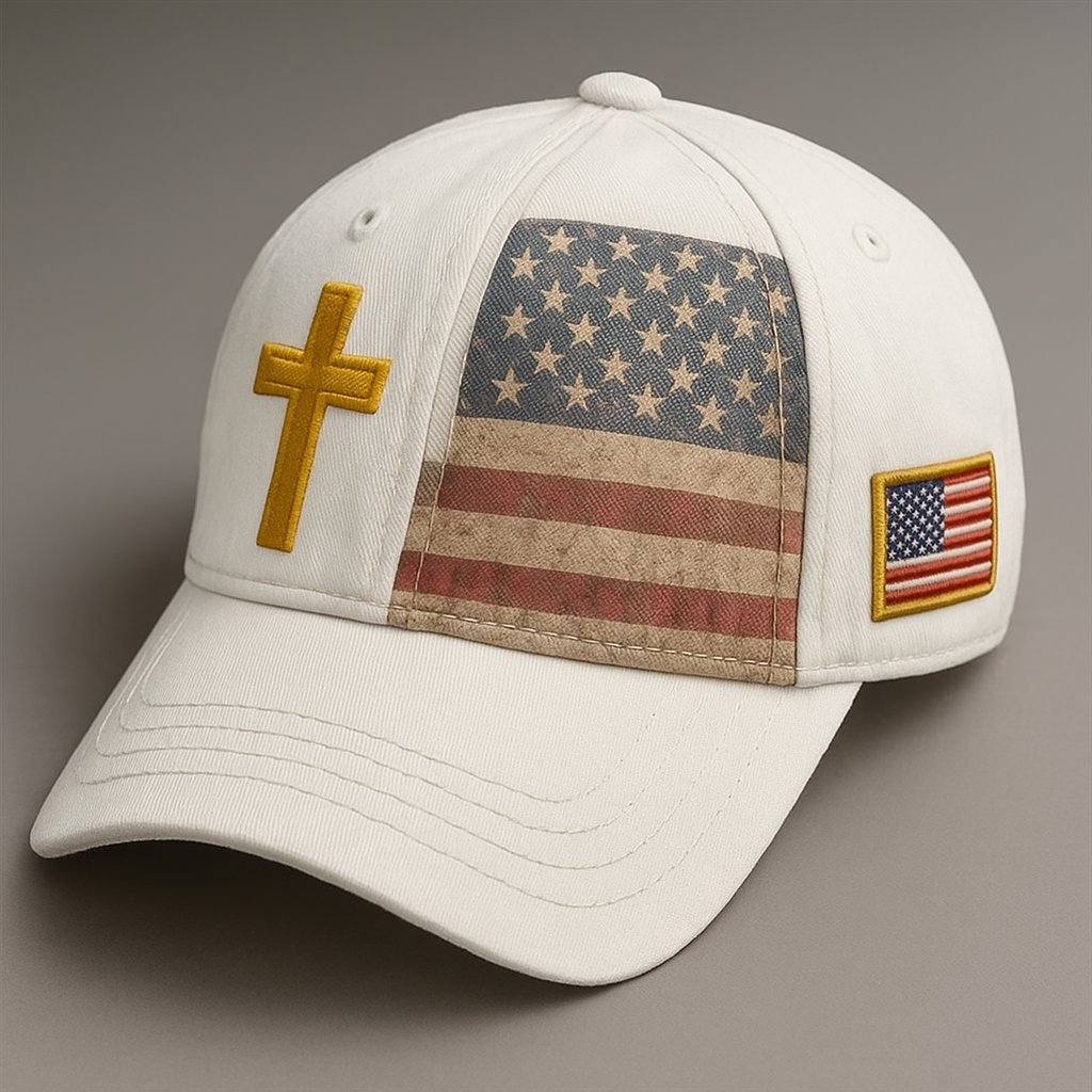 Baseball Cap, USA Flag & Embroidered Cross