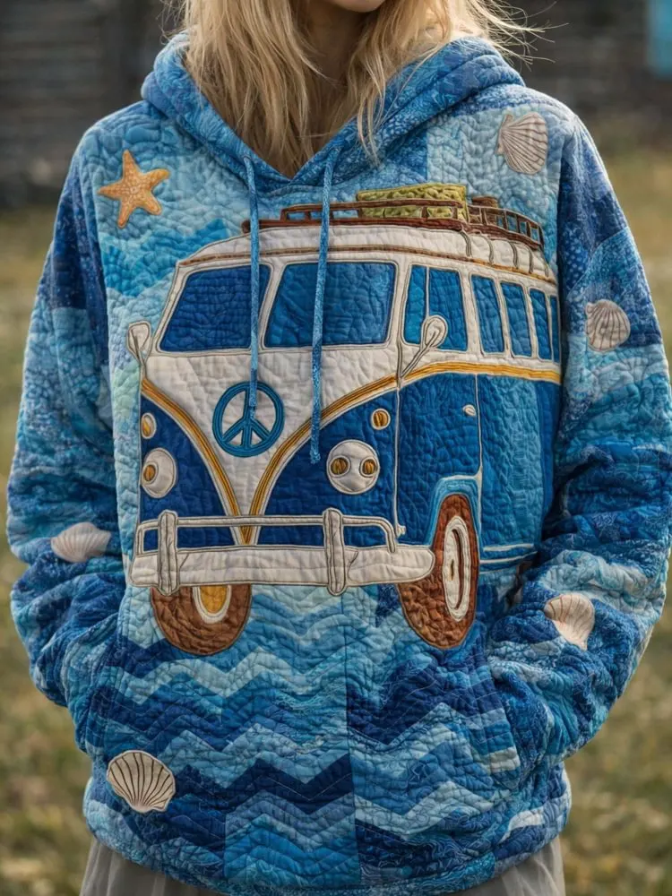 Hippie Van Quilted Casual Regular Fit Long Sleeve Hoodie Sweatshirt
