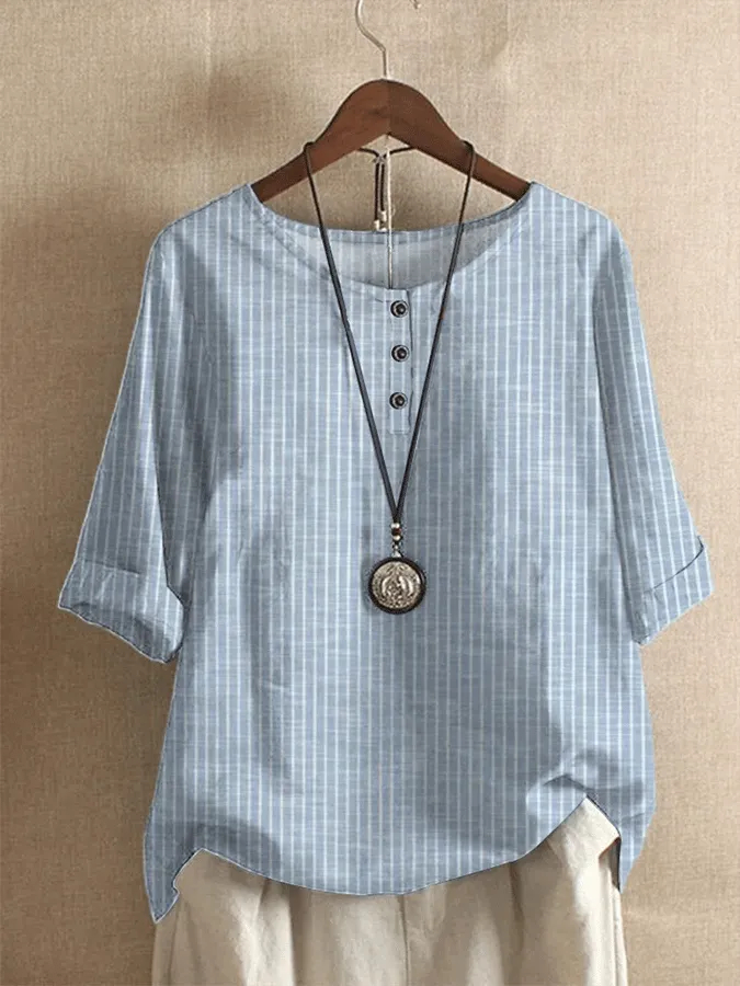 🔥HOT SALE🎁--60% OFF 🎉Women's Round Neck Loose Striped Button Top