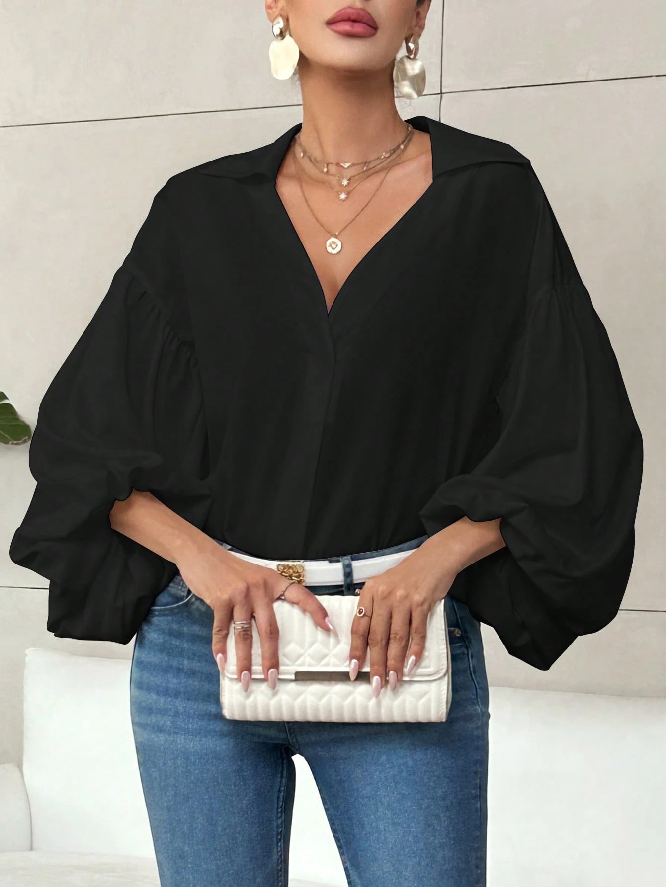 Women’s Vintage Polka Dot V Neck Blouse, Loose Puff Long Sleeve Collared Shirt, Casual Oversized Top for Daily Holiday