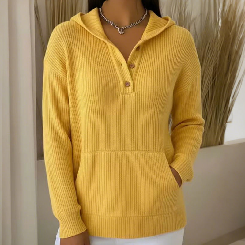 Women's Soft Solid Color Ribbed Hoodie with Button Pockets